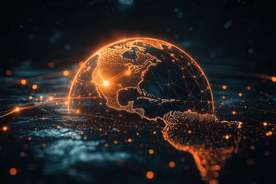 A digital representation of the Earth,  glowing orange/red,  connected by lines