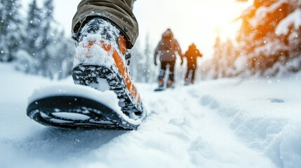 A lively winter scene depicting outdoor enthusiasts snowshoeing through a snowy forest, capturing the essence of adventure and camaraderie in nature's beauty.