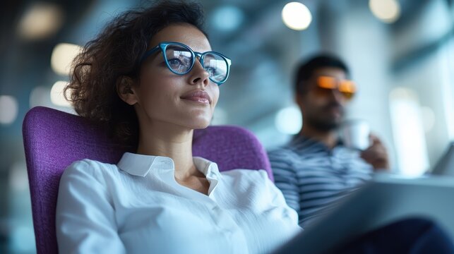 A focused woman with glasses, deep in thought while seated in a modern workspace, embodying determination and intellect with a relaxed yet inspiring atmosphere.