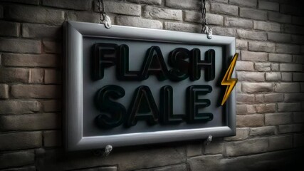 Flash sale neon sign illuminating brick wall with animated lightning bolt - Powered by Adobe