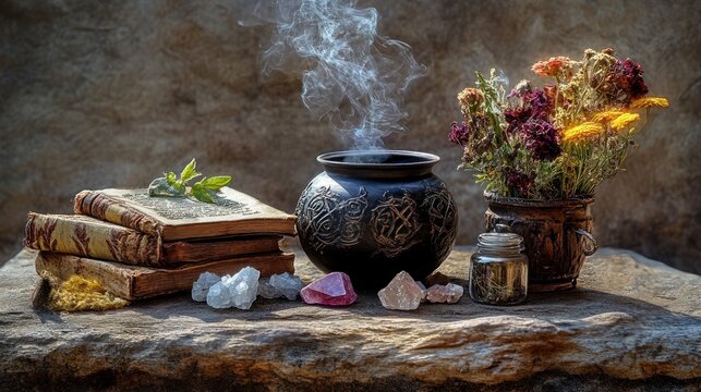Still life with herbs, books, and cauldron - Powered by Adobe