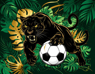 Roaring Panther Clawing Through a Football Surrounded by Jungle Vines Representing Wild Power, Aggression, and Untamed Sports Energy.

