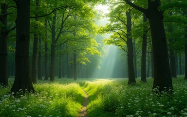 Obraz premium A lush green forest with tall trees and a carpet of wildflowers surrounding them, landscape, forest, foliage. High quality