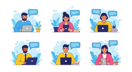Diverse People Working with Devices and Speech Bubbles Illustration