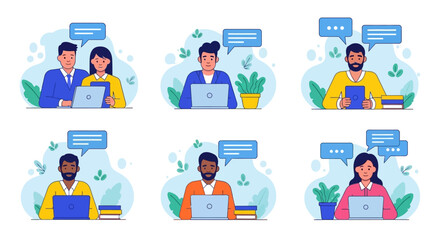 Diverse People Working Remotely with Laptops and Tablets Illustration