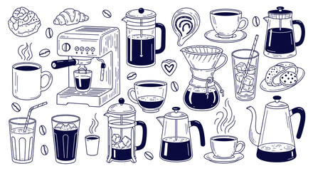 Coffee Preparation Doodle Set: Espresso Machine, French Press, Pour Over, and Pastries