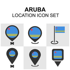 Aruba location icon set with map pins and flag elements. Ideal for Caribbean travel and map applications.