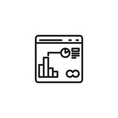 A line art icon depicts a web browser window displaying data analytics. Inside, a bar chart, a connected pie chart segment, and an infinity symbol represent various forms of data visualization.