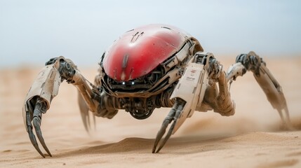 Obraz premium A sci-fi robotic crab navigates the sandy landscape, showcasing the fusion of technology and nature in a futuristic setting filled with innovation and creativity.
