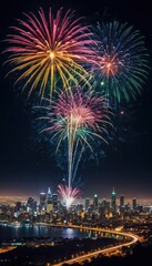 Spectacular Fireworks Display Over Cityscape at Night