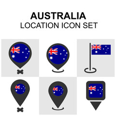 Australia location icon set with map pins and flag designs. Perfect for travel apps, UI maps, and geographic content.