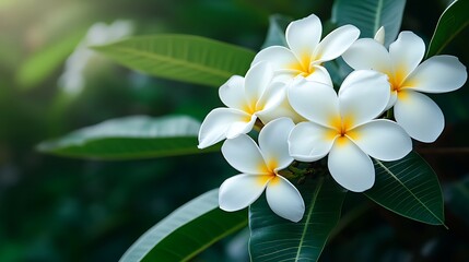 Fototapeta premium Blooming white frangipani flowers with yellow centers, lush green leaves in the background, fresh and tropical