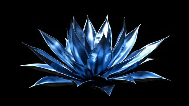 Timelapse of metallic blue agave plant unfolding against black background