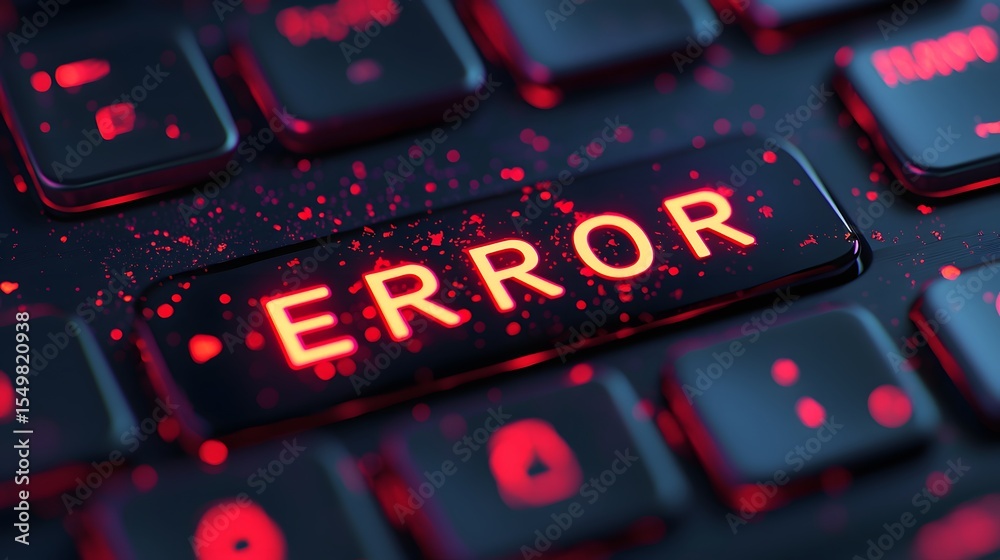 Fototapete close-up view of error message on glowing keyboard keys in red