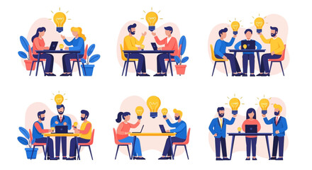 Fototapeta premium Collaborative Teamwork: Diverse Professionals Brainstorming Innovative Ideas, Illustrated with Bright Lightbulbs Symbolizing Creativity and Solutions.