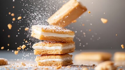 A captivating scene shows cookies being artistically arranged with a flying biscuit, bringing an engaging dynamic and creative flair to dessert presentation.