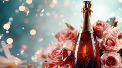 A stylish champagne bottle nestled among lush rose flowers represents celebration and sophistication, attracting an ambiance of beauty, joy, and special moments in life.