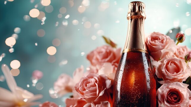 A stylish champagne bottle nestled among lush rose flowers represents celebration and sophistication, attracting an ambiance of beauty, joy, and special moments in life.
