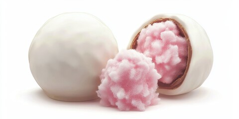 White chocolate truffle with pastel pink cotton candy filling, isolated on white background