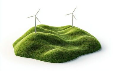 Fototapeta premium Wind turbines spinning on a grassy hill with a bright sky, isolated on white background
