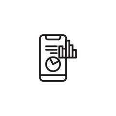 A line art icon of a smartphone displaying a pie chart and horizontal lines. A bar chart extends from the phone, symbolizing mobile data analytics, financial apps, or business intelligence on the go.
