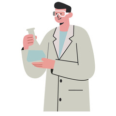 Male scientist in lab coat holding flask, vector illustration