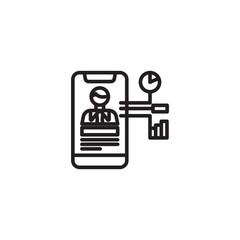 A line art icon shows a smartphone displaying a user profile with text. Connected to the phone are a circular icon and a bar chart, symbolizing mobile data analytics, personal insights.