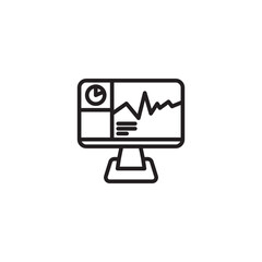 A minimalist line art icon of a computer monitor displaying data analytics. The screen shows a fluctuating line graph, a pie chart segment, and horizontal lines, symbolizing a dashboard.