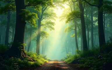 Obraz premium A lush forest background with towering trees, dense foliage, and sunbeams filtering through the canopy, capturing the serene and mystical atmosphere of a woodland setting, perfect for nature