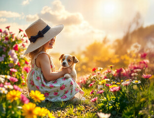 Little girl playing with her Jack Russell Terrier puppy in blooming Spring garden.