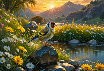 European Goldfinch perched on a rock beside a river  as wild Spring daisies bloom in full splendor.