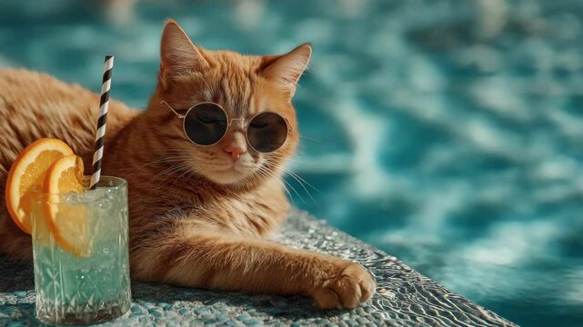 Chill cat relaxing by pool with sunglasses and citrus drink  summer vibes