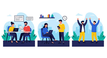 Diverse Business Team Collaboration and Celebration in Flat Style Illustration