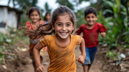 Fototapeta premium A heartwarming scene of joyful children running and laughing in a lush environment, embodying the boundless energy and innocence of childhood during outdoor playtime.