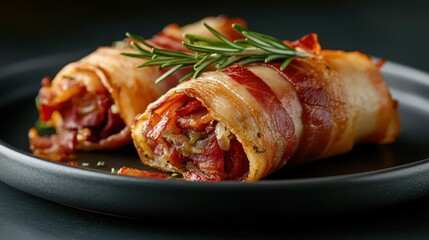 This mouthwatering image features a plate of succulent bacon-wrapped delicacies, showcasing exquisite presentation and culinary artistry that will delight food enthusiasts and connoisseurs.
