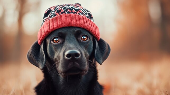 This captivating image features a black dog wearing a knitted hat, perfectly blending aesthetic charm with nature's beauty, creating heartfelt inspiration and joy for all pet lovers.