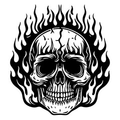 Intricate black and white skull with fiery flames silhouette