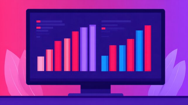 A computer monitor displays colorful bar charts and graphs against a purple and pink gradient background with abstract leaf designs.