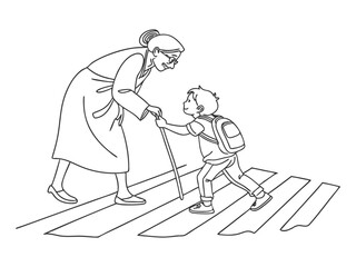 Single line drawing oa young boy with a kind smile offers his hand to an elderly woman. Together, they step onto the crosswalk. Random Acts of Kindness Day. Continuous line design graphic illustration