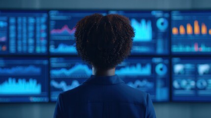 A person with curly hair observes multiple digital screens displaying graphs and data in a dark room, suggesting analysis or monitoring.