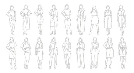Elegant Line Art Fashion Illustrations of Women in Various Outfits