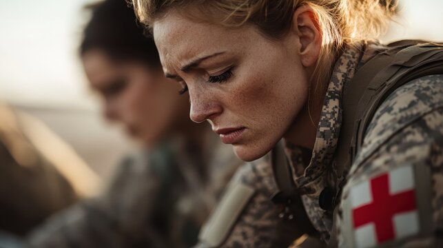 A thoughtful female soldier appears deep in contemplation, showcasing the emotional challenges faced by those serving in the military under challenging conditions. - Powered by Adobe