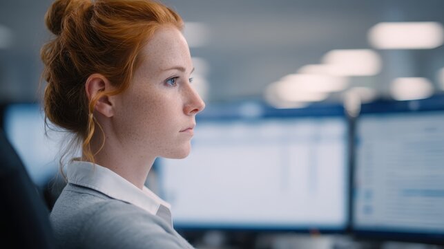 A focused young woman with red hair looks thoughtfully at computer screens in a softly lit office environment.