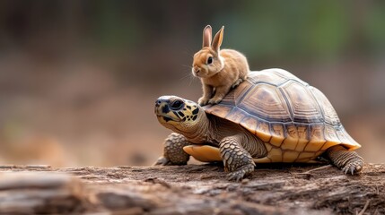 Naklejka premium A cute bunny sits atop a tortoise's shell in a natural outdoor setting, showcasing an unusual but delightful animal friendship that's sure to bring a smile.