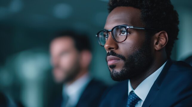 A focused businessman in glasses attentively listens in a professional setting with a blurred colleague in the background. - Powered by Adobe