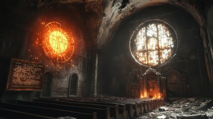 Fototapeta premium Ruined Church: Sunken Altar, Glowing Orb