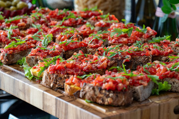 Photo of numerous bruschettas arranged on a platter. The toasted bread topped with various fresh ingredients makes a perfect appetizer or party snack.