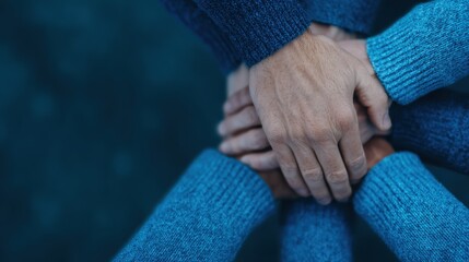Four people wearing blue sweaters join hands in a symbol of unity and support against a dark background.