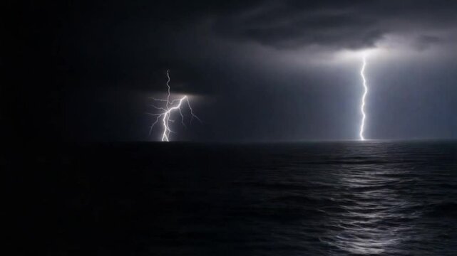 Dramatic lightning striking over dark ocean waters during storm  