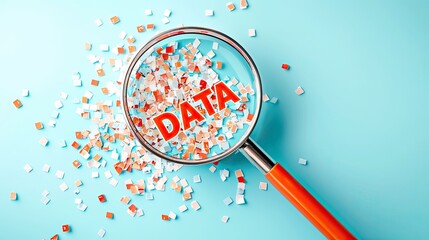 Magnifying glass focusing on word DATA among multicolored particles on blue background
